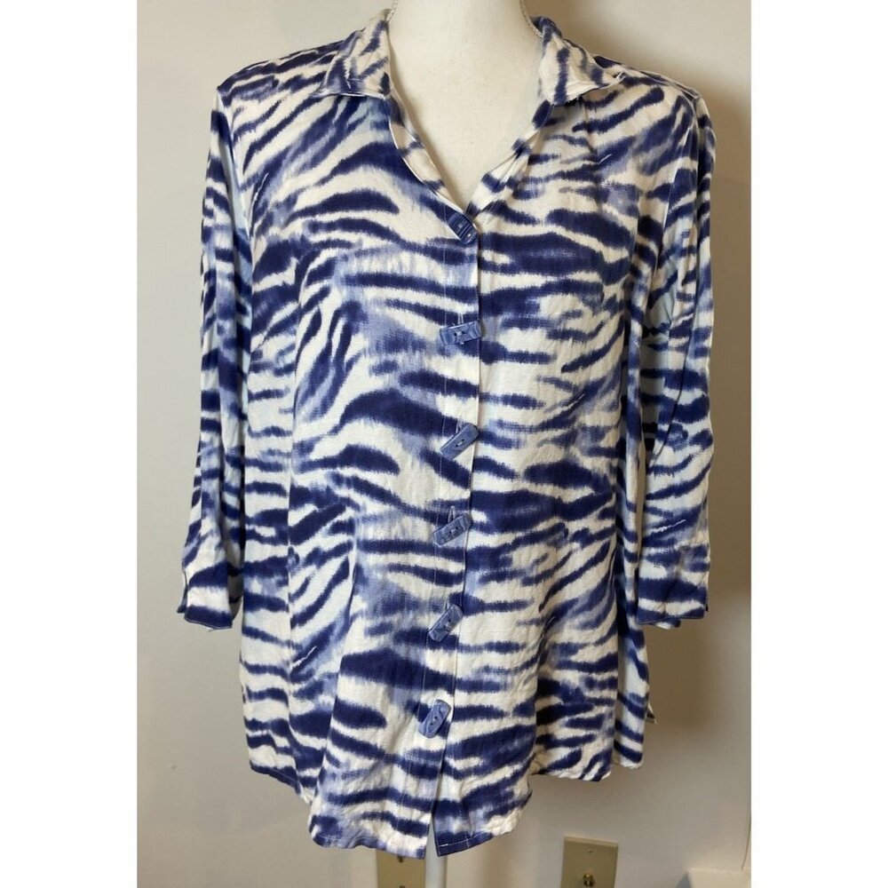 Ali Miles Blouse Shirt Linen Blend Artsy Button Wire Neck Blue White M